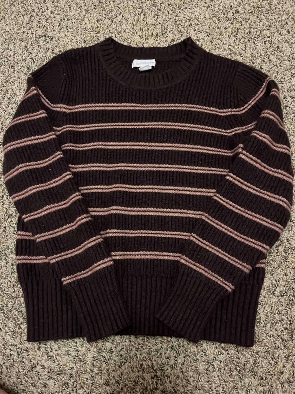 Liz Claiborne Brown Crewneck Sweater with Pink Stripes